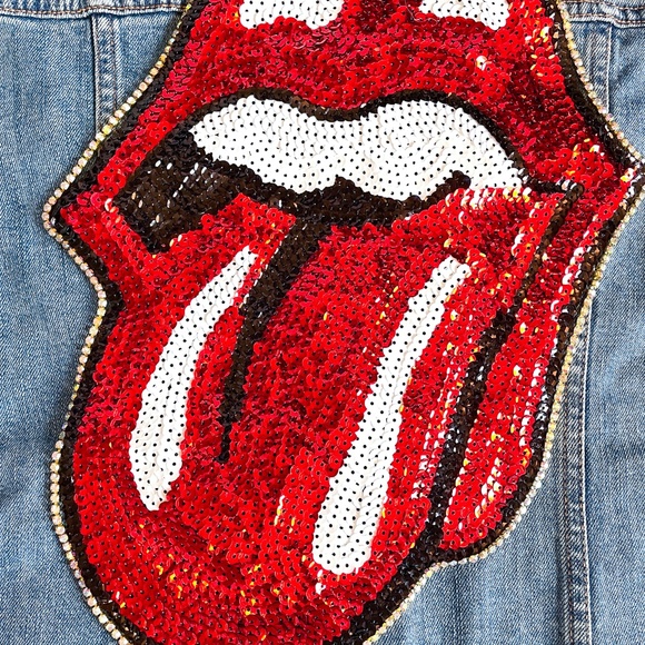 Red Sequin Rock and Roll Rolling Stones Tongue with Rhinestones Jean Jacket - Picture 3 of 5
